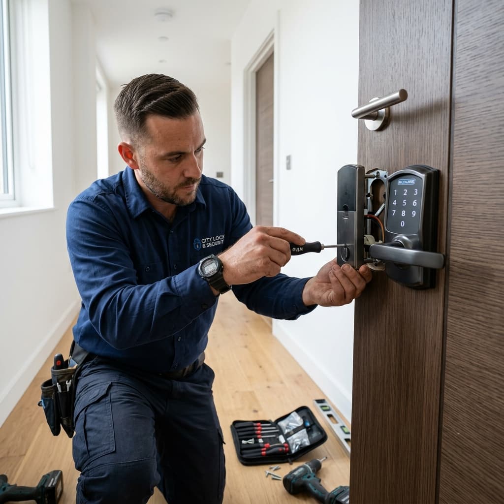 Técnico instalando cerradura electrónica inteligente