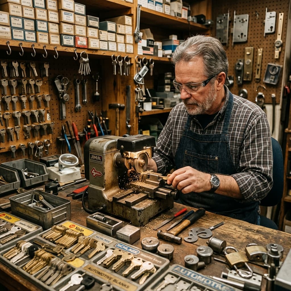 Taller de cerrajería con máquina de duplicado de llaves