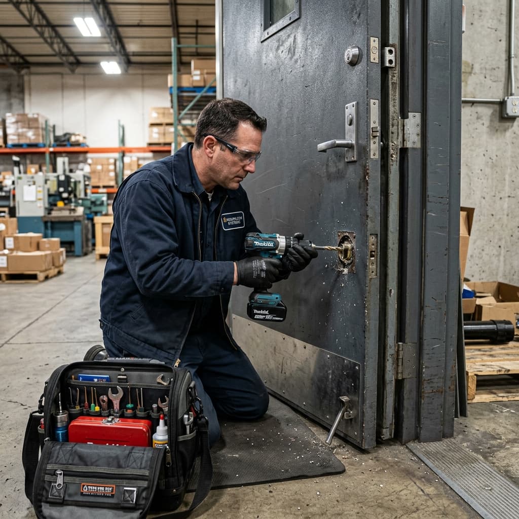 Cerrajero reparando cerradura comercial de alta seguridad