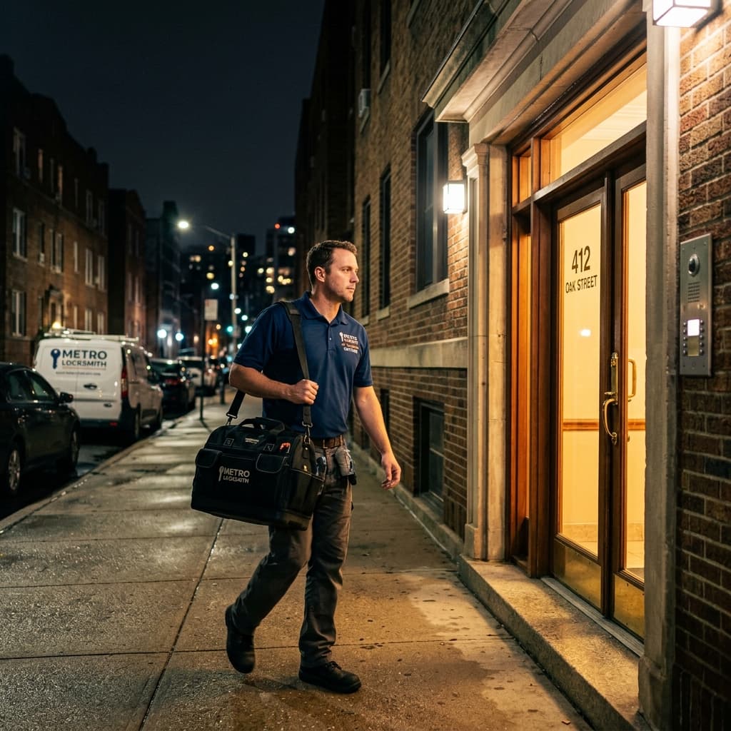 Cerrajero de urgencias llegando a domicilio por la noche